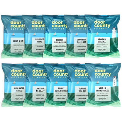 Door County Coffee Gourmet Flavored Coffee Sampler Pack - 10 Unique Specialty Grade 1 Arabica Bags | 1.5 oz Each