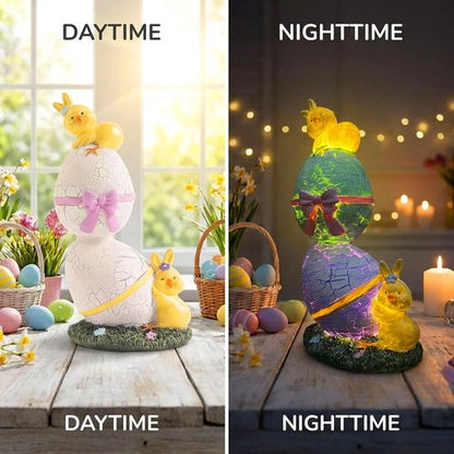 **Regine Switzerland Lighted Easter Eggs - Cute Resin Chick Figurines for Spring Decor | 6.5" H Purple & Green**