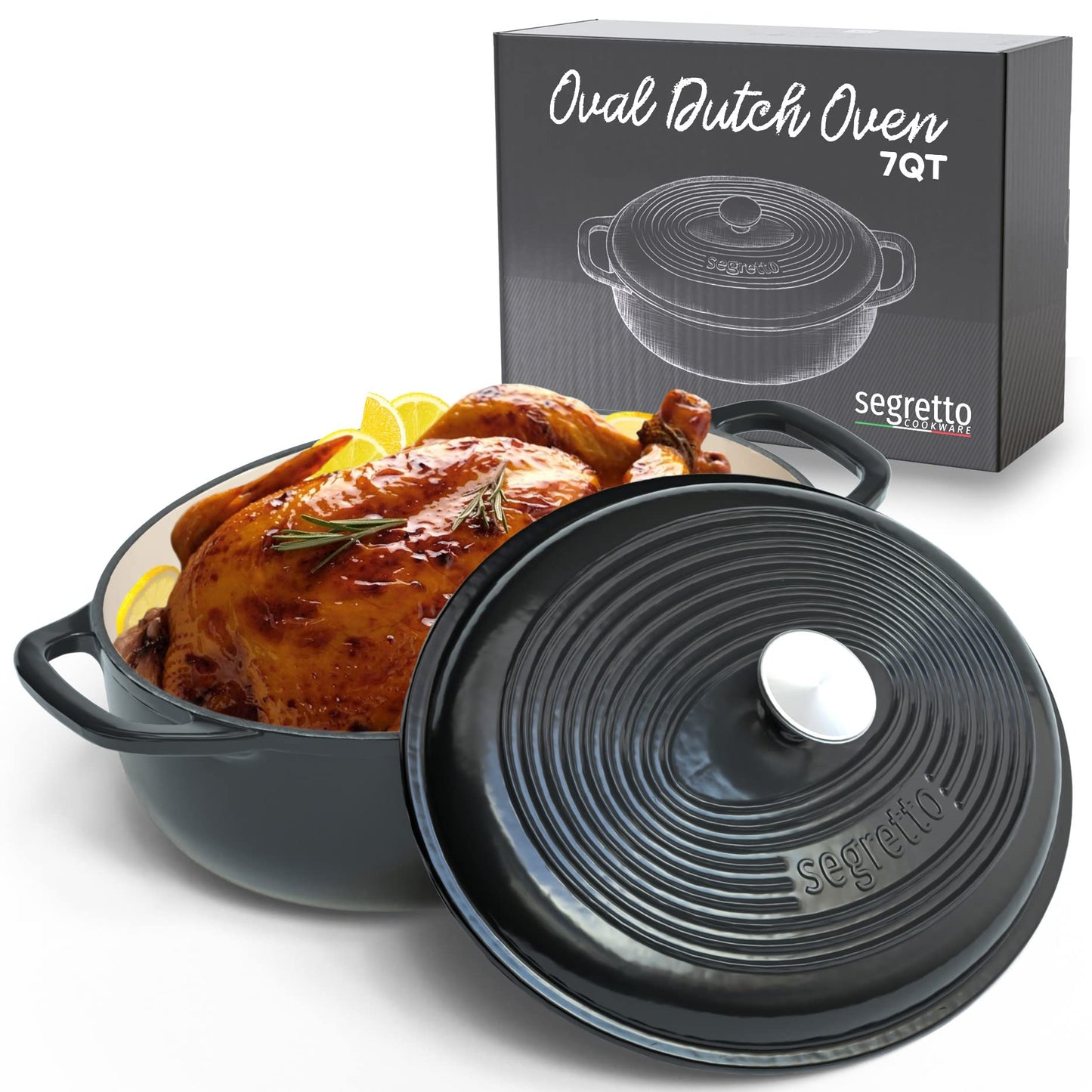 Segretto Cookware Enameled Oval Cast Iron Dutch Oven with Handle, 7 Quarts, Nero (Black), 7qt Dutch Oven Cast Iron Pot with Lid | Enamel Dutch Oven for Bread Baking, Ceramic Pots for Cooking, Soup