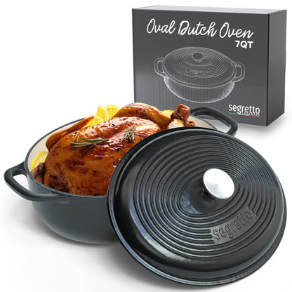 Segretto Cookware Enameled Oval Cast Iron Dutch Oven with Handle, 7 Quarts, Nero (Black), 7qt Dutch Oven Cast Iron Pot with Lid | Enamel Dutch Oven for Bread Baking, Ceramic Pots for Cooking, Soup