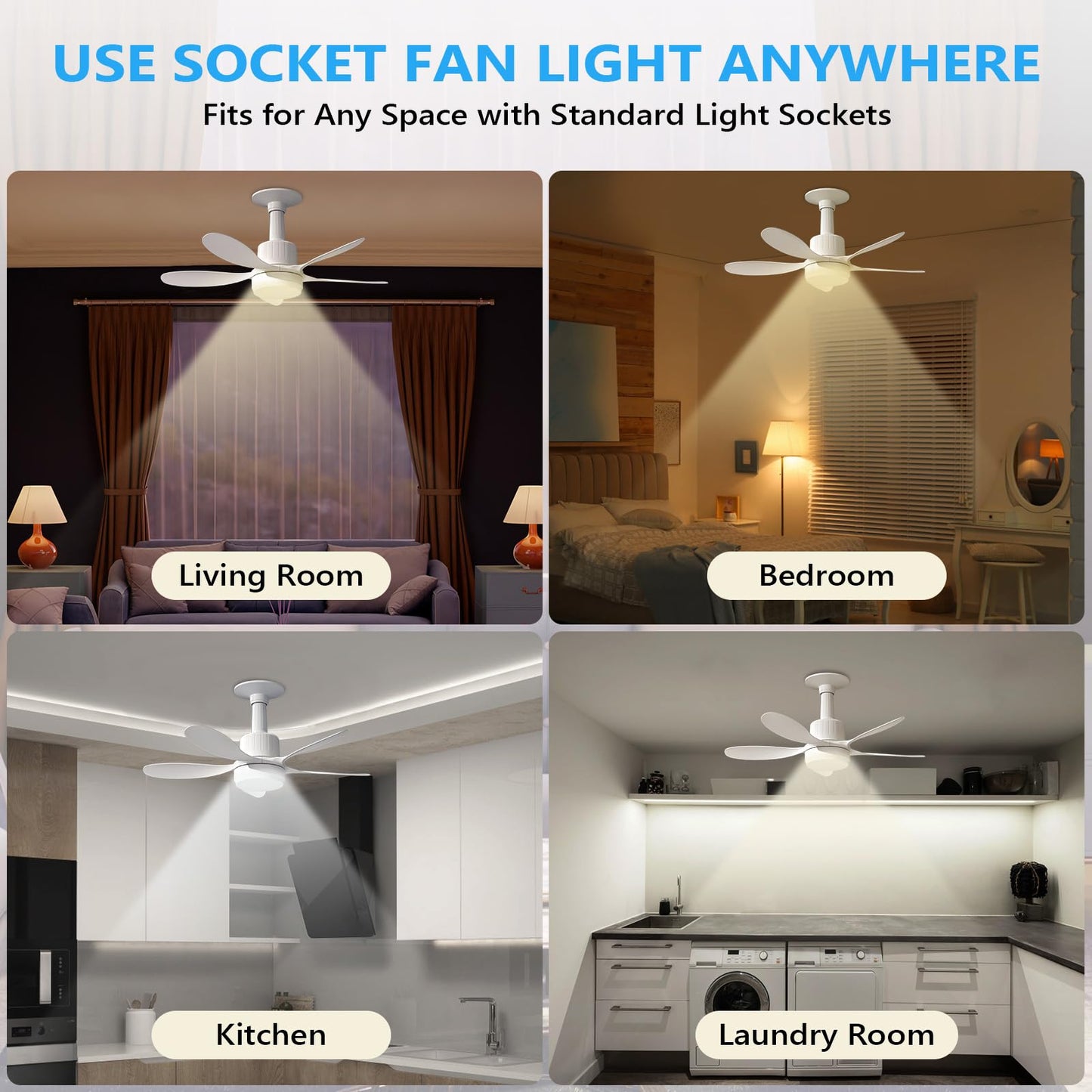 Socket Fan Light, 22" Ceiling Fan with LED Lights and Remote, 3 Fan Speeds, Adjustable Cool & Warm Light, Wireless Screw in Socket Fan Light for Kitchen, Bedroom, Living Room, 1200 Lumen, E26/E27 Base