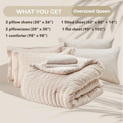 HYMOKEGE Beige Oversized Queen Comforter Set Seersucker 7 Pieces, All Season Luxury Bed in a Bag for Bedroom, Bedding Set with Comforter, Sheets, Pillowcases & Shams