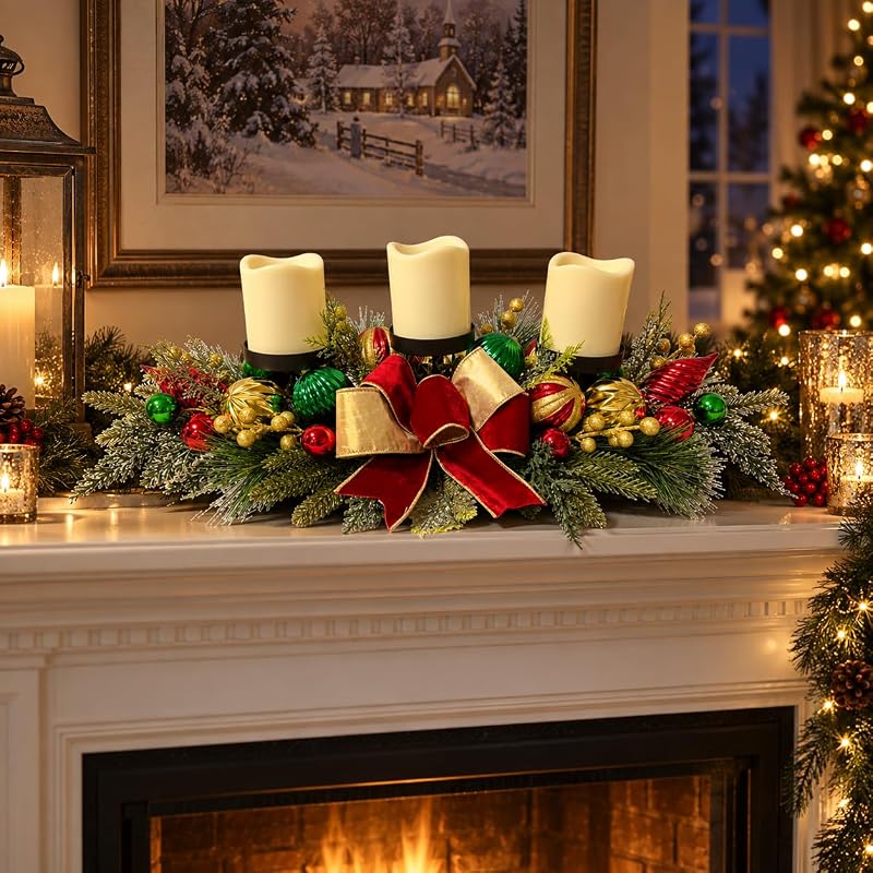 Christmas Candle Holder Centerpiece with 3 Candle Holders and Red Bow