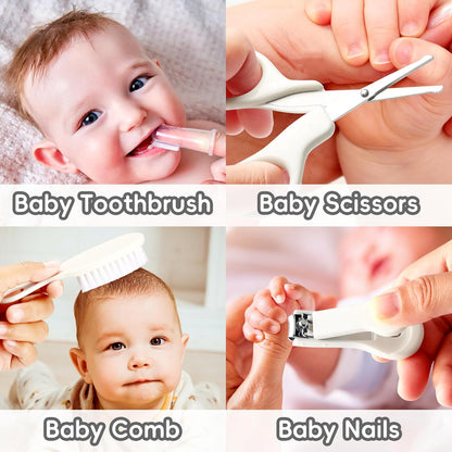 Skiennix Baby Grooming Kit - Infant Safety Care Set with Hair Brush, Nail Clipper & Nasal Aspirator | Grey & White