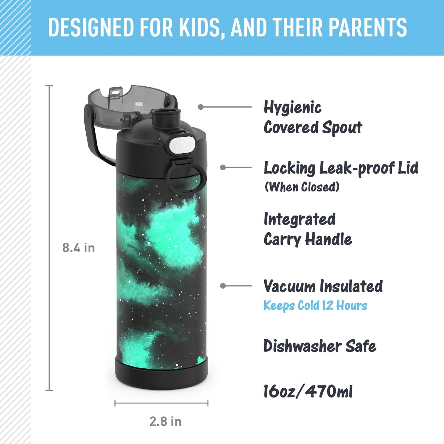 THERMOS FUNTAINER 16 Ounce Stainless Steel Vacuum Insulated Bottle - Galaxy Green with Wide Spout Lid