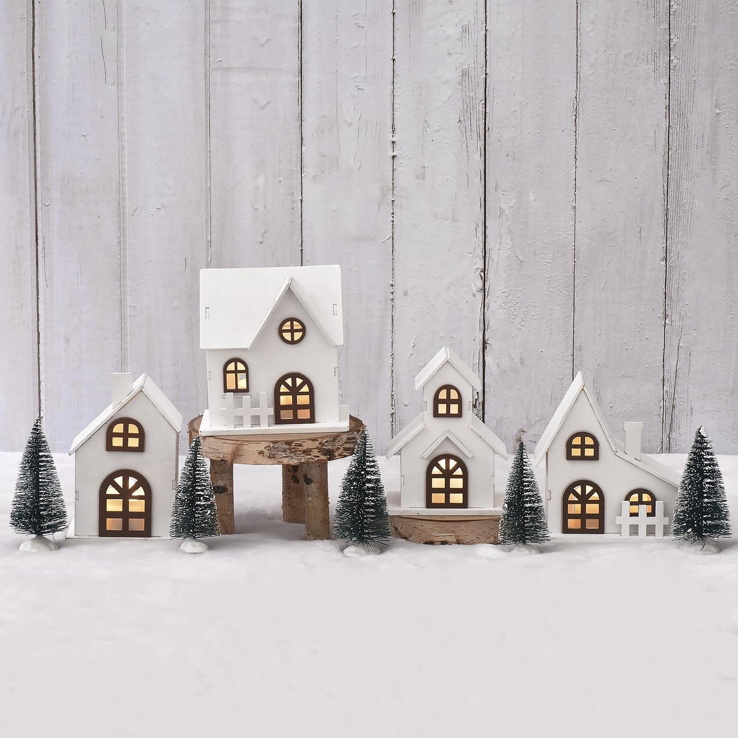 Ovootok Christmas Sculpture Set - 9-Piece Wood & Plastic Decor with 4 LED Houses & 5 Frosted Trees