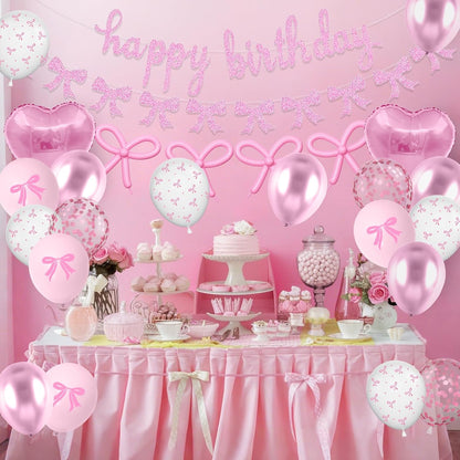 Skiennix Pink Bow Birthday Decorations - Coquette Party Set with Happy Birthday Banner & Heart Foil Balloons