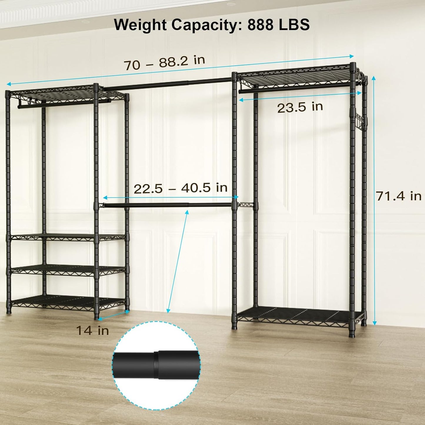 Ulif E1 Heavy Duty Closet Garment Rack - 6-Tier Adjustable Metal Storage | Expandable Wardrobe, Black, 71.4" H x 70"-88.2" L x 14" D