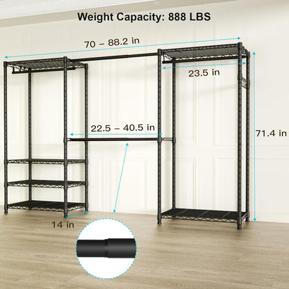 Ulif E1 Heavy Duty Closet Garment Rack - 6-Tier Adjustable Metal Storage | Expandable Wardrobe, Black, 71.4" H x 70"-88.2" L x 14" D