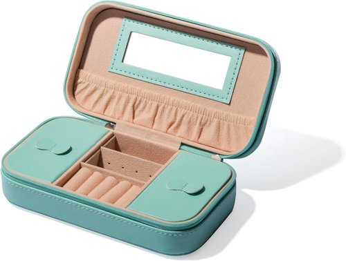BINO Jewelry Case - Stylish Portable Organizer with Mirror for Earrings, Rings & Necklaces | Aqua