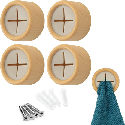 S&T INC. Round Adhesive Towel Hooks - Durable Plastic & Bamboo Design | 4 Pack for Kitchen Use