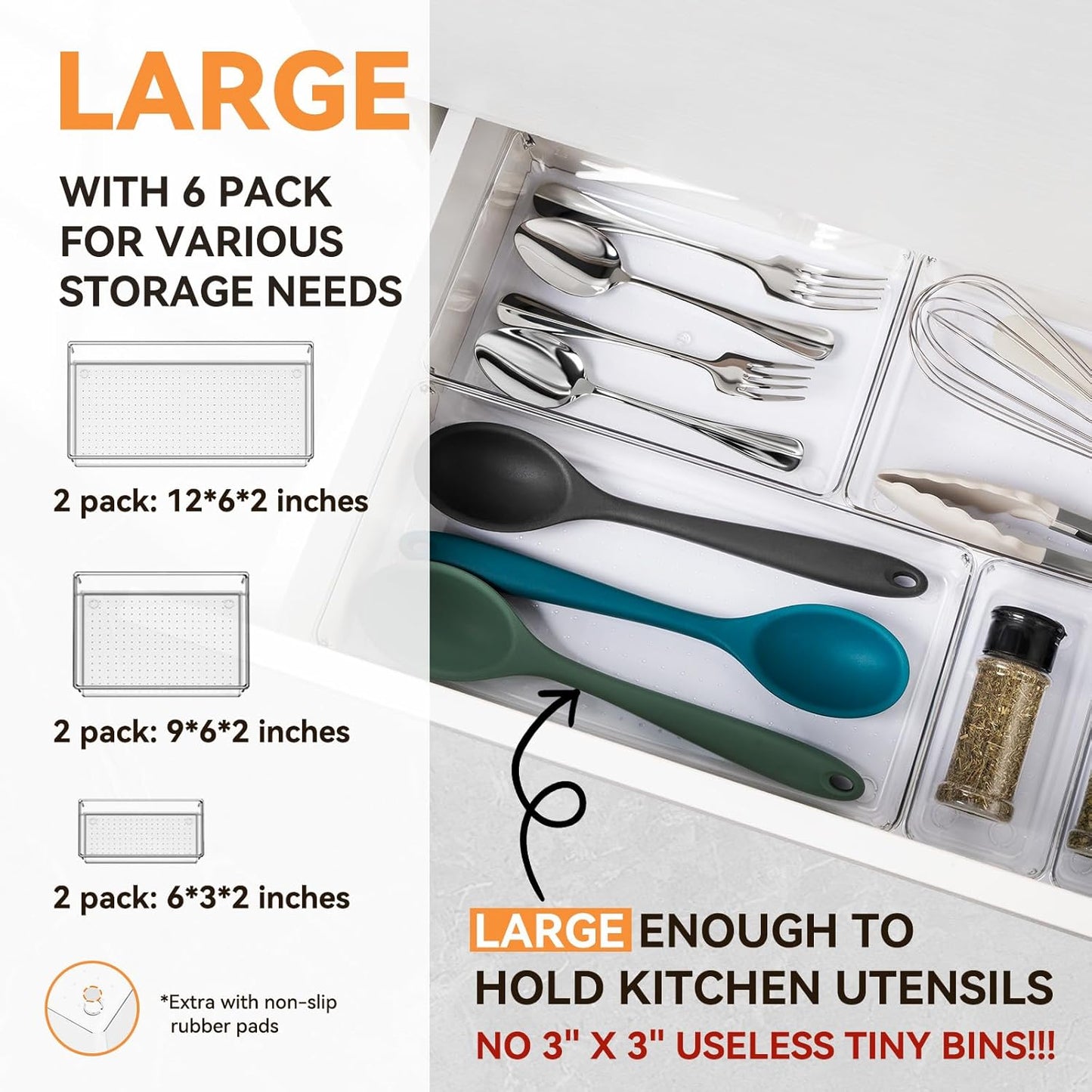 Skiennix Clear Plastic Drawer Organizer Trays - 6 Pack Non-Slip Storage Bins for Kitchen, Makeup & Office