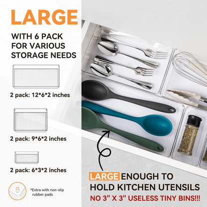 Skiennix Clear Plastic Drawer Organizer Trays - 6 Pack Non-Slip Storage Bins for Kitchen, Makeup & Office