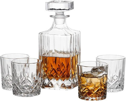GoodGlassware Whiskey Decanter and Glasses (5 Piece Set) – Elegant Liquor Carafe with Ornate Solid Glass Stopper and 4 Matching Whisky Tumblers - Lead-Free and Dishwasher Safe Transparent