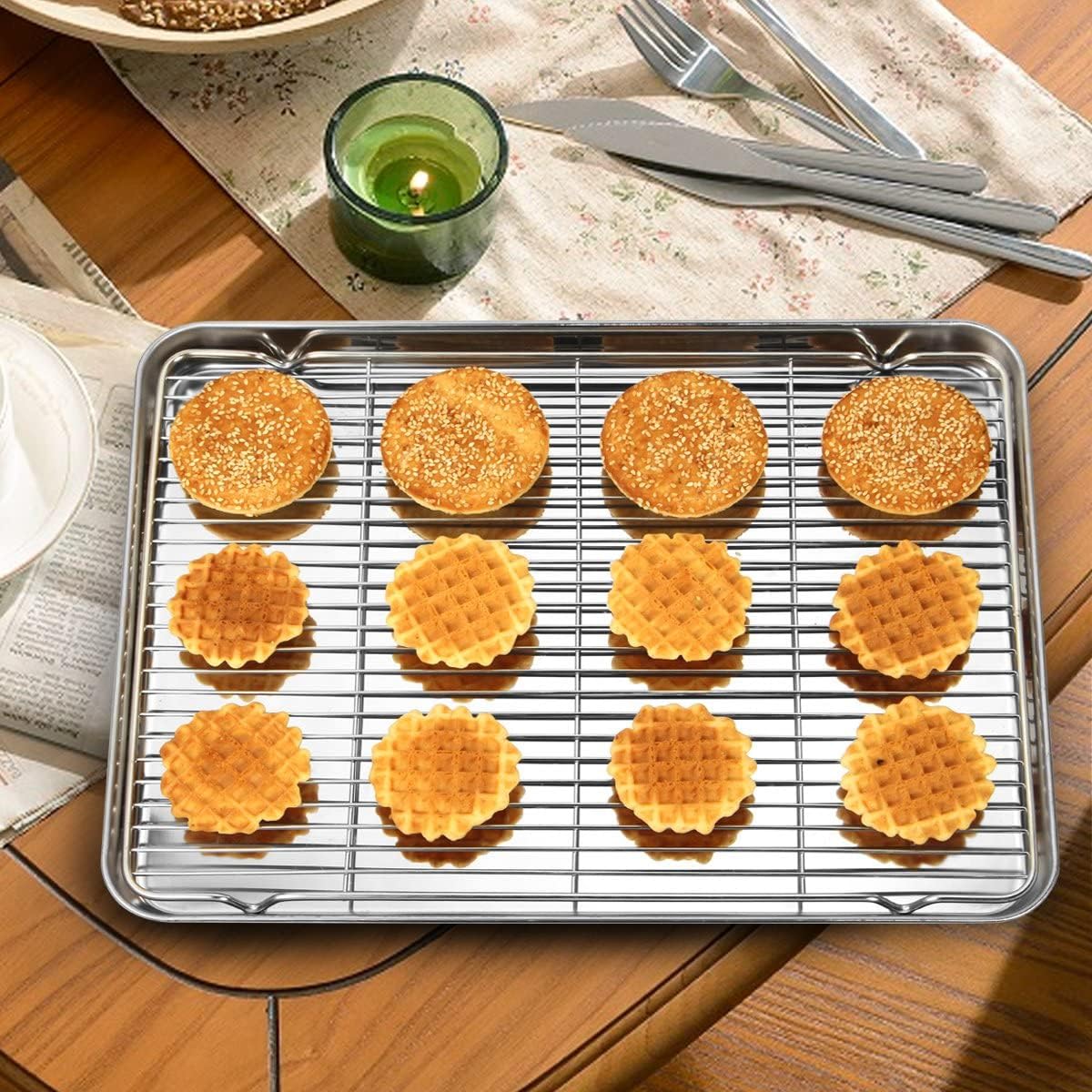 Wildone Baking Sheet & Rack Set - Stainless Steel Cookie Pan with Cooling Rack | 16 x 12 Inch, Non-Toxic & Heavy Duty