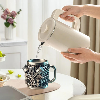 V6 V8 Engines Stainless Steel Cup, 2PCS V6 & V8 Engine Coffee Mug, Creative Car Engine Coffee Cup with Insulated Handle, 2025 Novelty Automobile Engine Coffee Mug, for Car Lovers Gift