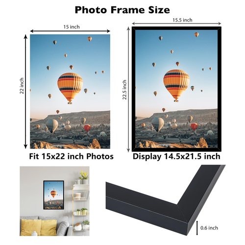 JCJMY 15x22 Picture Frame for Poster Photo Picture, Horizontal and Vertical Formats for Wall Hanging, 15 x 22 Wall Gallery Poster Photo Frame for 15 by 22 Photos Posters, Black