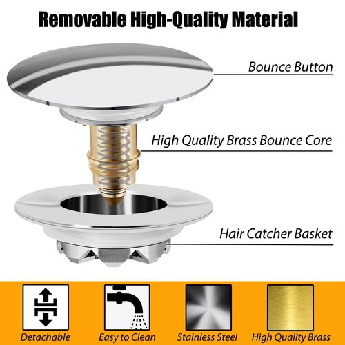 Anlige Bathtub Drain Stopper, Pop Up Tub Stopper and Cover, Bottom with Hair Catcher, Universal for 1.45 to 1.8 in Drain, Replaces Old Drain Plug, Chrome Silver