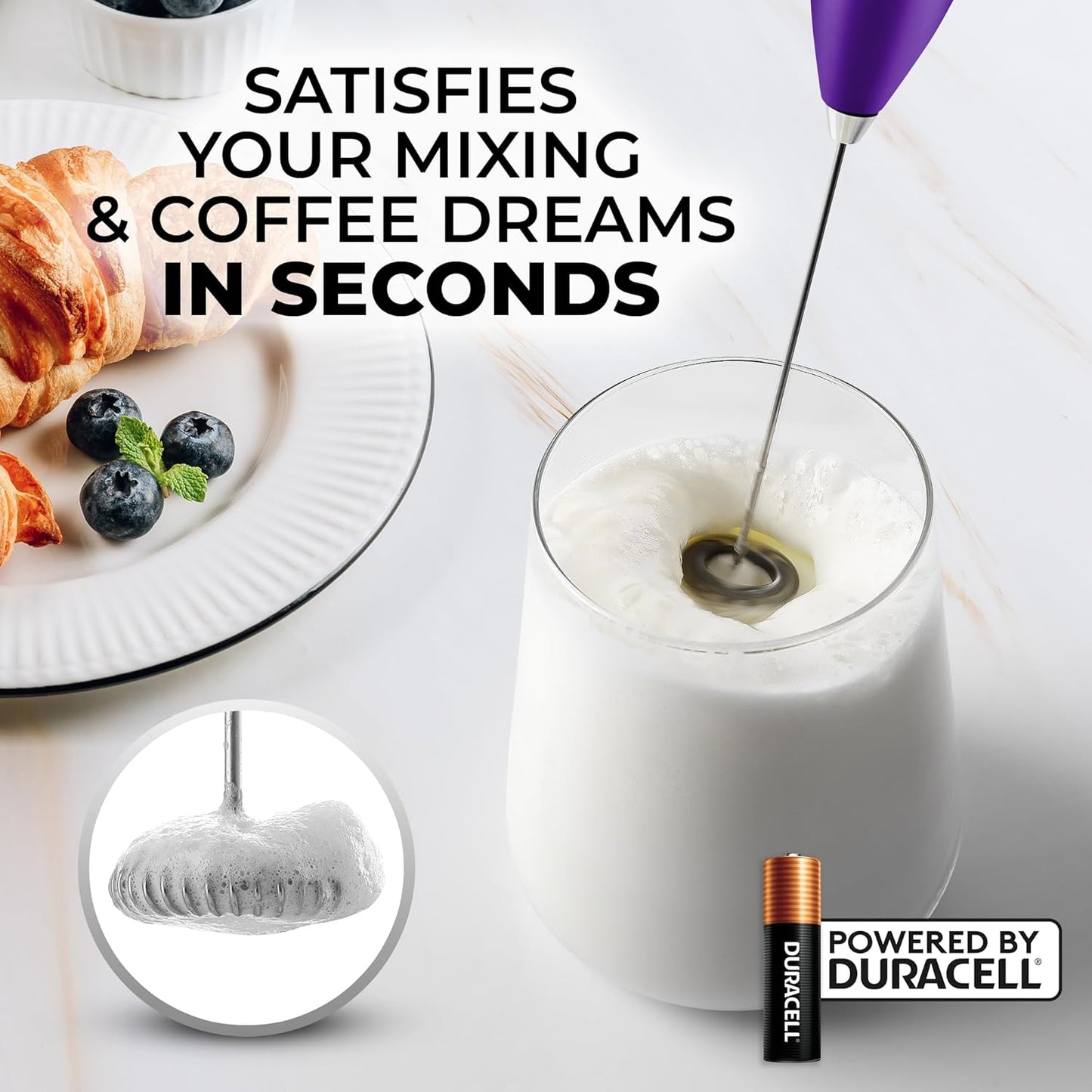 Zulay Kitchen Milk Frother Handheld Electric Whisk with AA Duracell Batteries – Durable Drink Mixer for Coffee, Lattes, Cappuccinos & More - Purple