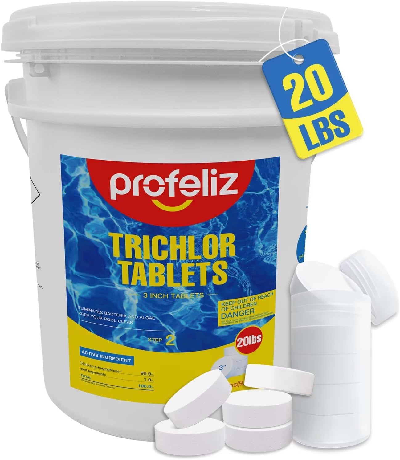 PROFELIZ Chlorine Tablets - 3 Inch Slow Dissolving Pool Tablets | Kills Bacteria & Stops Algae - 20lbs