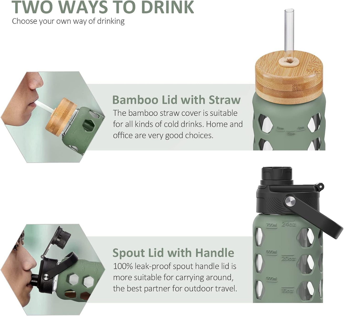 MUKOKO 24oz Glass Water Bottle - Motivational Tumbler with Time Markers & Silicone Sleeve | Olive