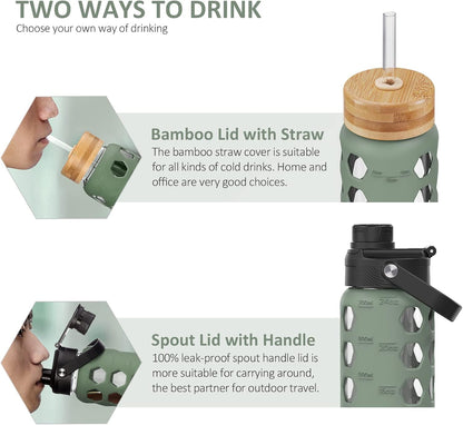 MUKOKO 24oz Glass Water Bottle - Motivational Tumbler with Time Markers & Silicone Sleeve | Olive