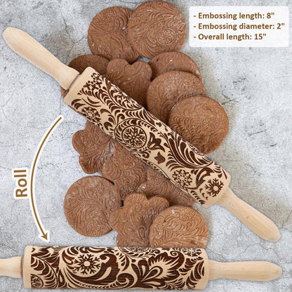 Embossed Rolling Pin for Baking Cookies Christmas Embossing Rolling Pins with Design Wooden Engraved Springerle Roller Pin Dough Patterned Clay Pottery Ceramic Bakers Women (Flower Snowflake Paisley)