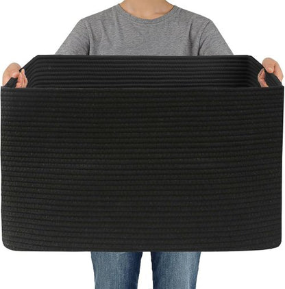 JMvicyroam Woven Blanket Basket - 65L Large Storage Bin for Toys, Clothes & Blankets | Black Decorative Rope Design