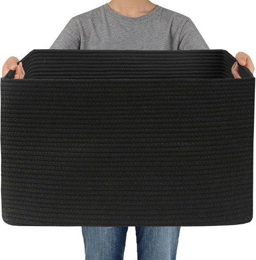 JMvicyroam Woven Blanket Basket - 65L Large Storage Bin for Toys, Clothes & Blankets | Black Decorative Rope Design