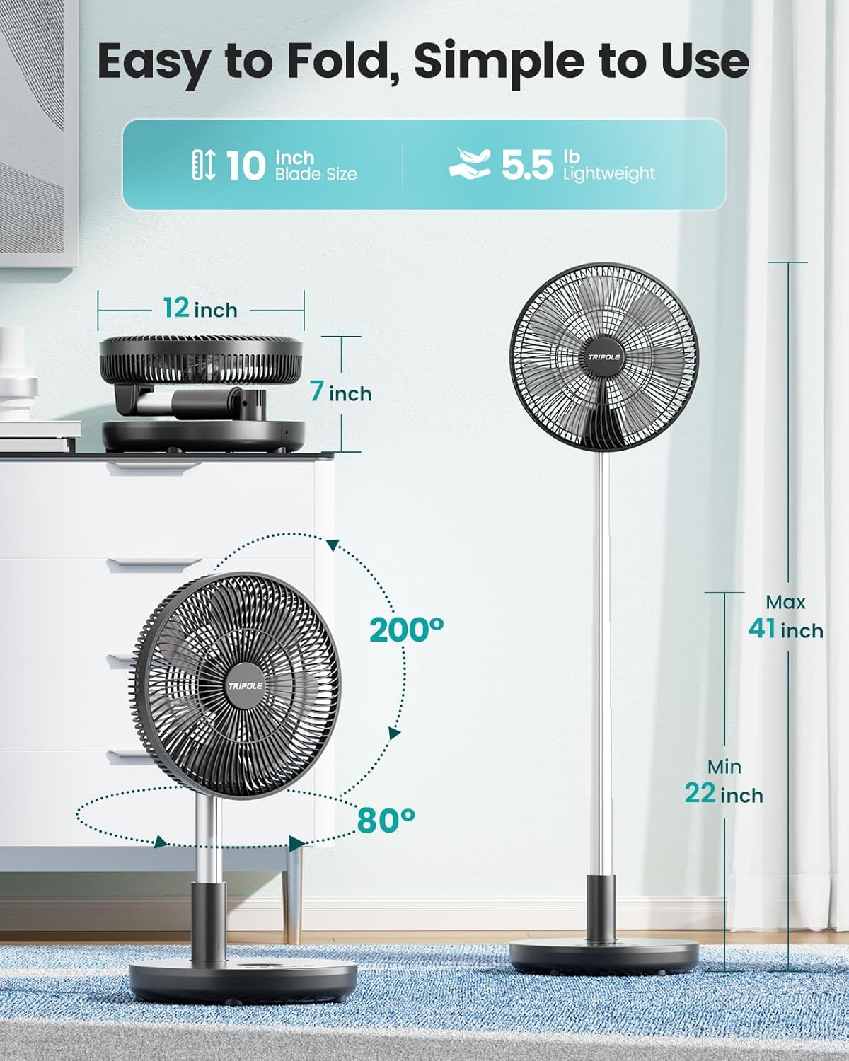 TriPole 12" Portable Rechargeable Standing Fan - Adjustable Height, Remote Control & Timer | 12000mAh Battery (Black)