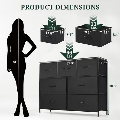 Skiennix 7-Drawer Dresser - Anti-Tip Storage Organizer with Wooden Top | Black Fabric Chest for Bedroom & Living Room