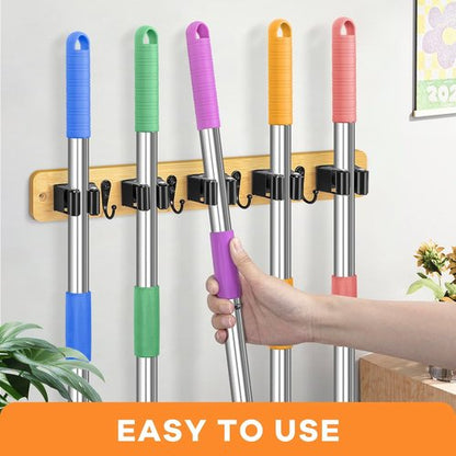 IMILLET Broom Holder Wall Mount - Bamboo Mop Hanger with 5 Racks & 4 Hooks | Home Organization Solution