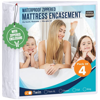 Utopia Bedding Mattress Protector Zippered Twin Size (Pack of 4), 100% Waterproof Bed Bug and Dust Mite Proof Mattress Encasement, Absorbent 6 Sided Mattress Cover