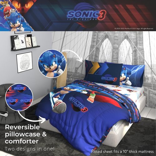 Franco Sonic The Hedgehog 3 Movie Kids Bedding Super Soft Comforter and Sheet Set, 4 Piece Twin Size, (Officially Licensed Product)