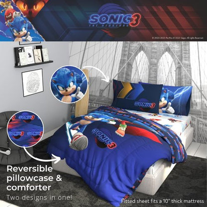 Franco Sonic The Hedgehog 3 Movie Kids Bedding Super Soft Comforter and Sheet Set, 4 Piece Twin Size, (Officially Licensed Product)