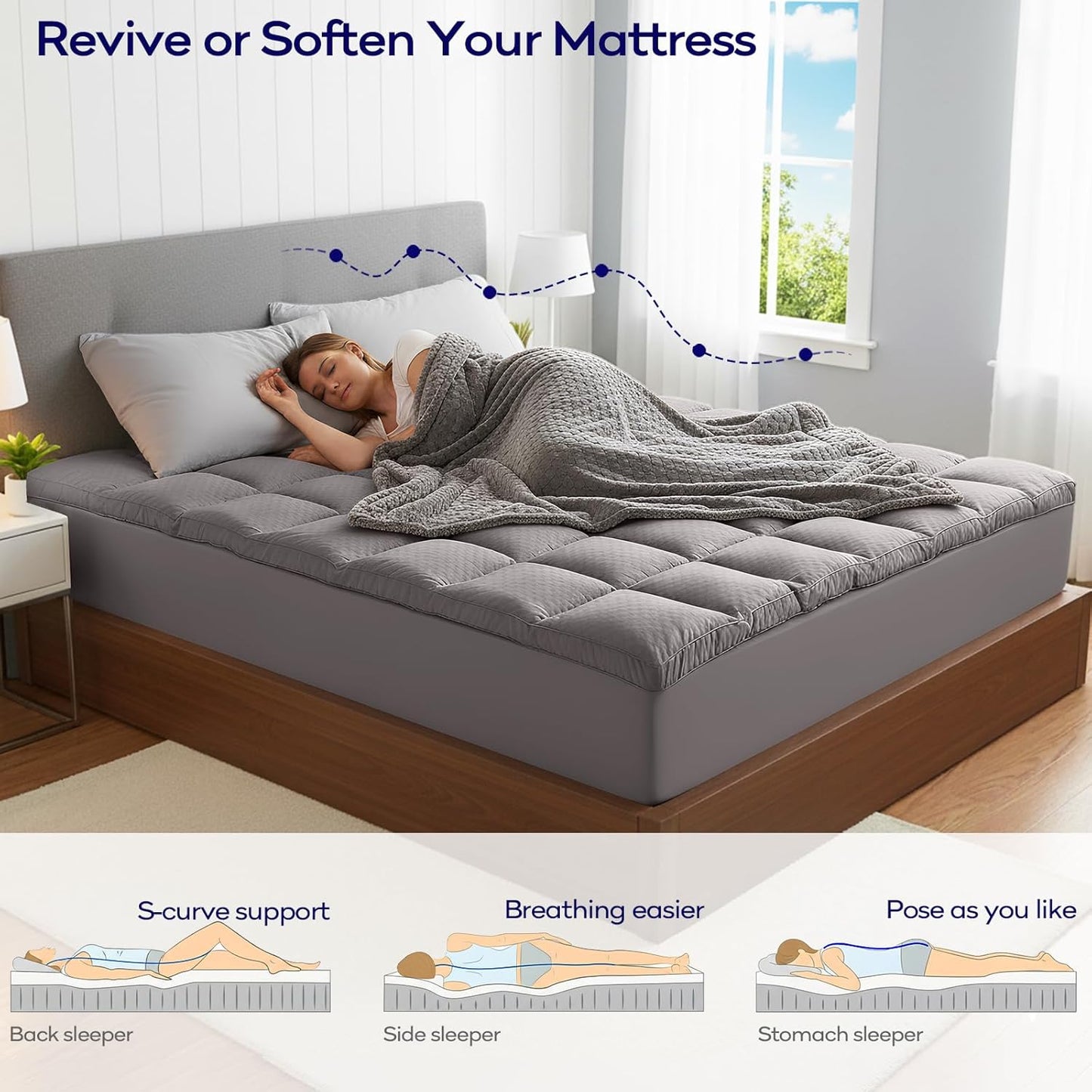 OLANLY Memory Foam Mattress Topper - Dual-Layer Queen Size for Back Pain Relief | 4 Inch Cooling Pillow Top, Light Grey