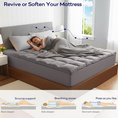 OLANLY Memory Foam Mattress Topper - Dual-Layer Queen Size for Back Pain Relief | 4 Inch Cooling Pillow Top, Light Grey