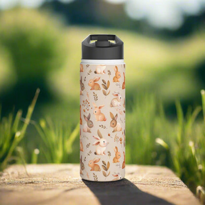 Insulated Water Bottle Thermos, 18oz, Cute Bunny Rabbits - Double Walled Stainless Steel, Keeps Drinks Hot or Cold