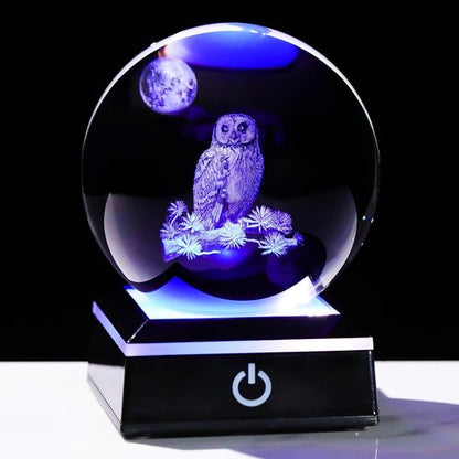 Arikyrist 3D Owl Crystal Ball Figurine - LED Base Night Light Gift for Owl Lovers | 80mm Decorative Glass Globe