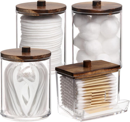 Tbestmax Qtip Holder - 4 Pack Cotton Ball & Swabs Dispenser with Bamboo Lids | 10/7oz Apothecary Jar (Brown)