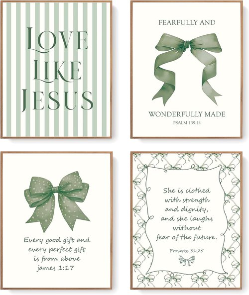 LARTSFRO Coquette Green Bow Wall Art Decor - Inspirational Bible Verses | Set of 4 Unframed 10x8 Inch Pictures for Christian Room Aesthetic