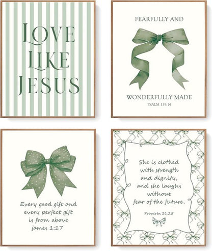 LARTSFRO Coquette Green Bow Wall Art Decor - Inspirational Bible Verses | Set of 4 Unframed 10x8 Inch Pictures for Christian Room Aesthetic