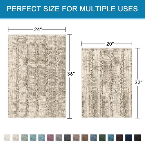 H.VERSAILTEX Bathroom Rug Sets 2 Piece Bath Mats Non Slip Thick Soft Chenille Striped Bath Rug achine Washable Shower Floor Rugs for Tub, Shower and Floor (Fog, 20" x 32"/24" x 36")