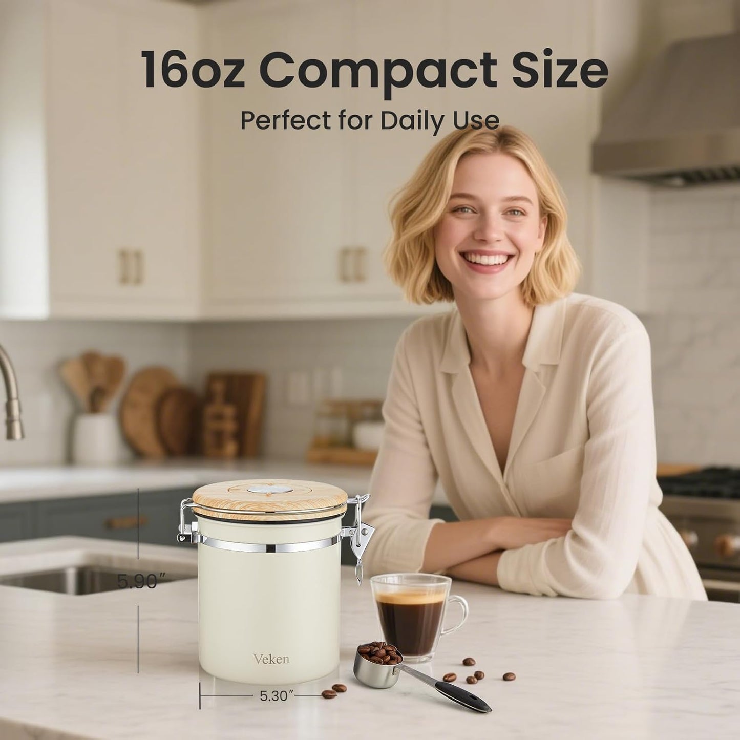 Veken Coffee Canister - Airtight Stainless Steel Storage Container with Date Tracker & Scoop | 16oz Cream