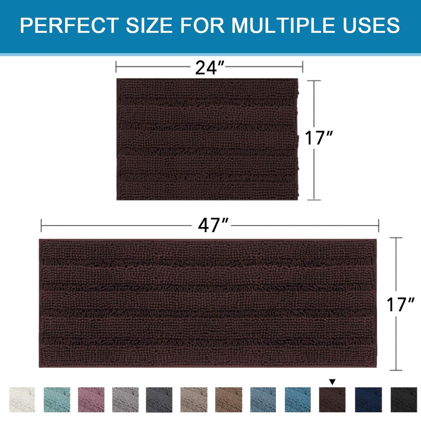 Non Slip Thick Shaggy Chenille Bathroom Rug Mat Set Extra Soft and Absorbent Striped Floor Rugs, 2 Piece, Machine-Washable
