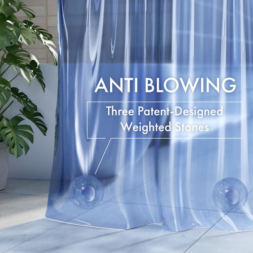 AmazerBath No Hook Shower Curtain and Liner 3-in-1, Luxury Heavy Duty Clear Blue No Hook Shower Liner, 72x75 100% EVA Hookless Shower Curtain with 3 Heavyweight Stones