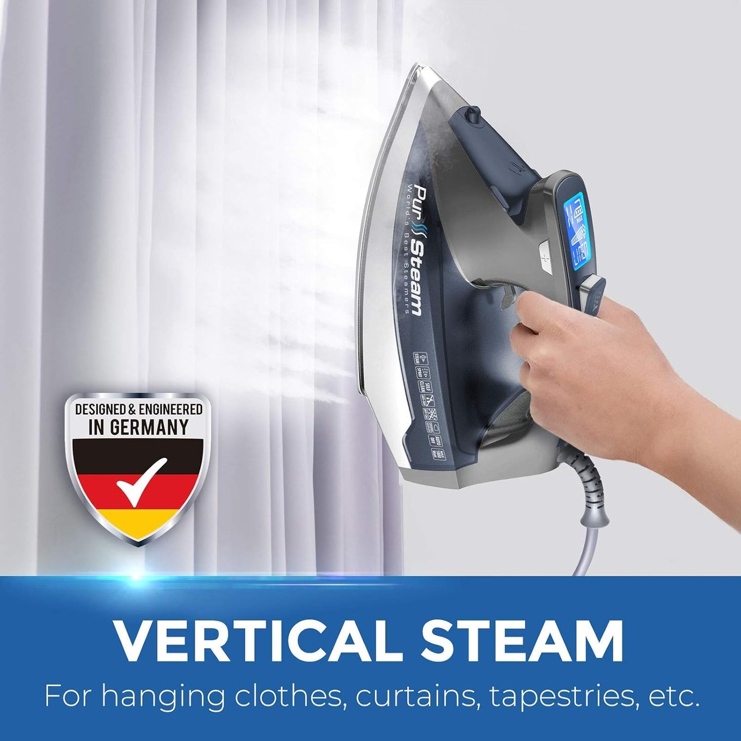 Pursteam Steam Iron - 1800W with LCD Screen, Nonstick Ceramic Soleplate & Auto Shutoff | Self-Cleaning Feature