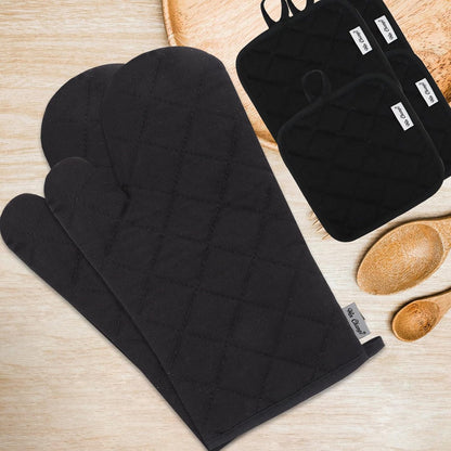 Skiennix Oven Mitts Set - 6 Pcs High Heat Resistant Extra Thick Potholders | Black Recycled Cotton