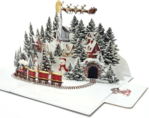 3D Pop Up Card - Winter Night Town Snowman Design | Handmade Holiday Greeting Card