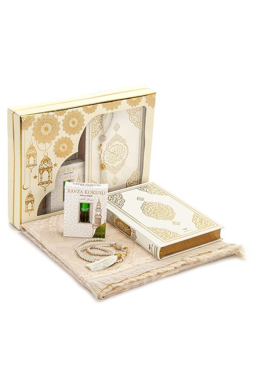 ihvan online Prayer Gift Box for Hajj and Umrah, Muslim Prayer Rug, Islamic Mat, 99 Pearly Prayer Beads Tesbih, Holy Quran, Islamic Deluxe Set for Ramadan & Eid Gift, White/Set 2